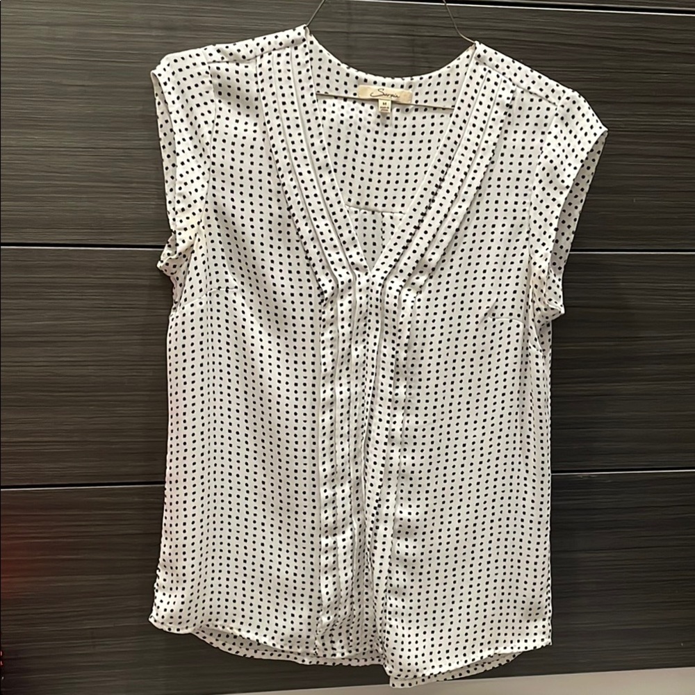 Serein White and Gray Cap Sleeve Bib Collar Blouse